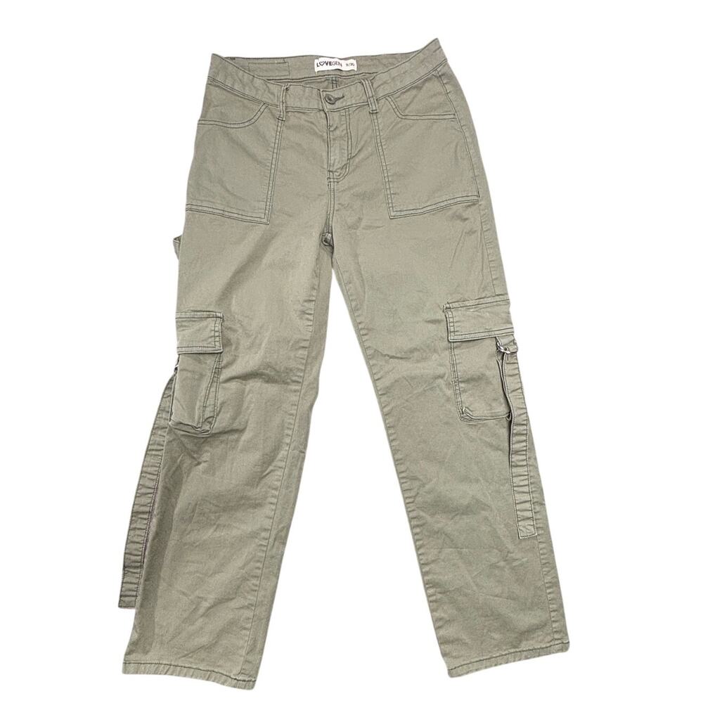Lovegen Pants Womens 9/30 Green Khaki Cargo Straight Baggy Utility Casual Y2K